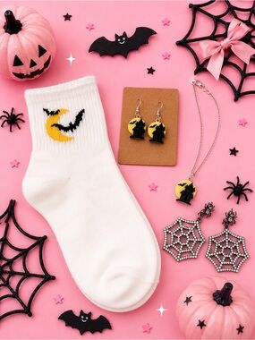 White Halloween Socks with Yellow Moon & Black Bat Embroidery